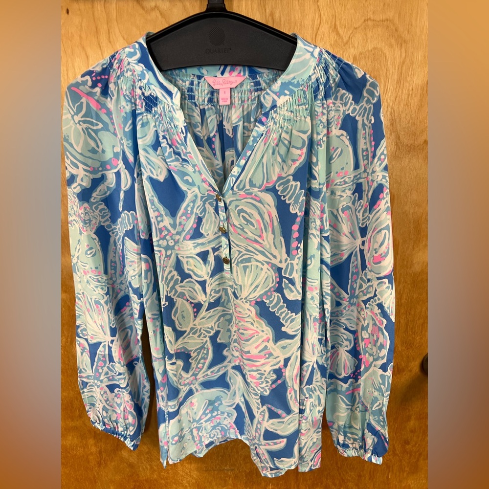 Lilly Pulitzer 100% Silk Elsa Top Tropical Botanical Print Blue Size Small